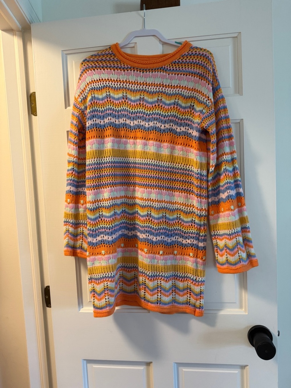 Colorful Crochet Stripe Knit Sweaterdress - Multi-Color